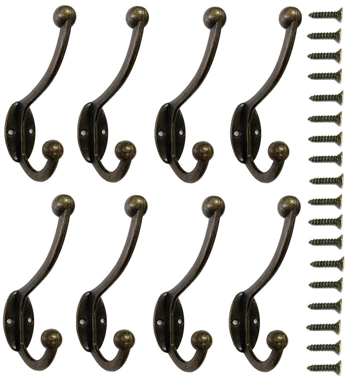 8 Pieces Coat Hooks Wall Mounted 35 LB Utility Hooks Heavy Duty Cup Metal Hooks Dual Robe Hook Rustic Hooks Retro Double Hooks Coat Hanger and 18 Pieces Screws (Bronze Color)
