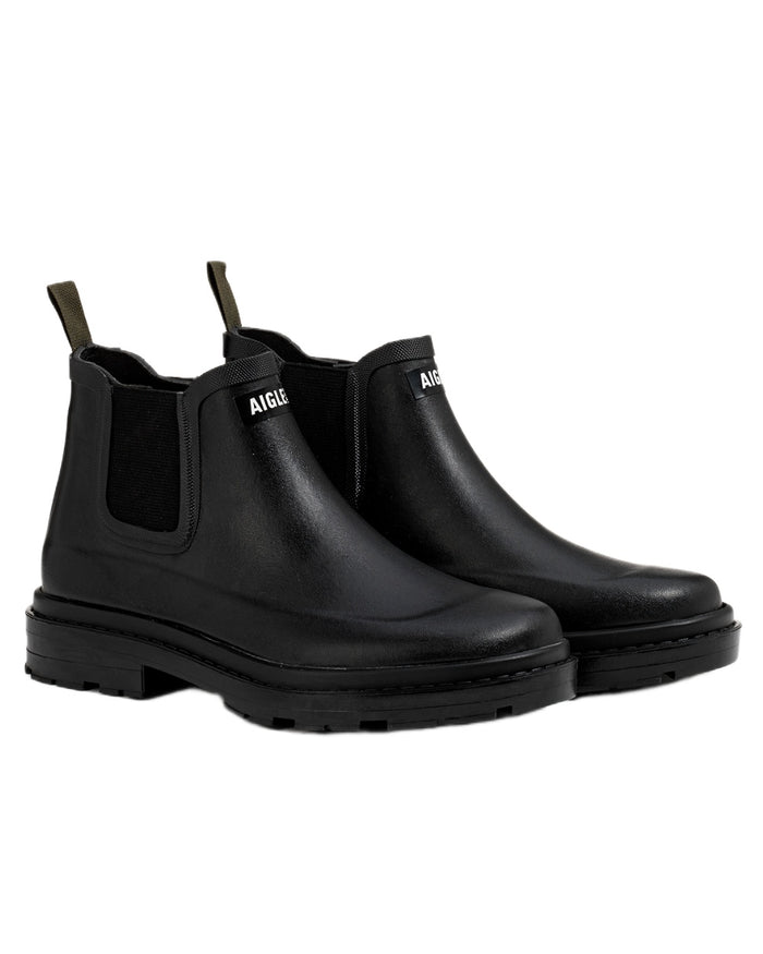 Noir coloured Aigle Chelsea Rain Ankle Boots on white background #colour_noir