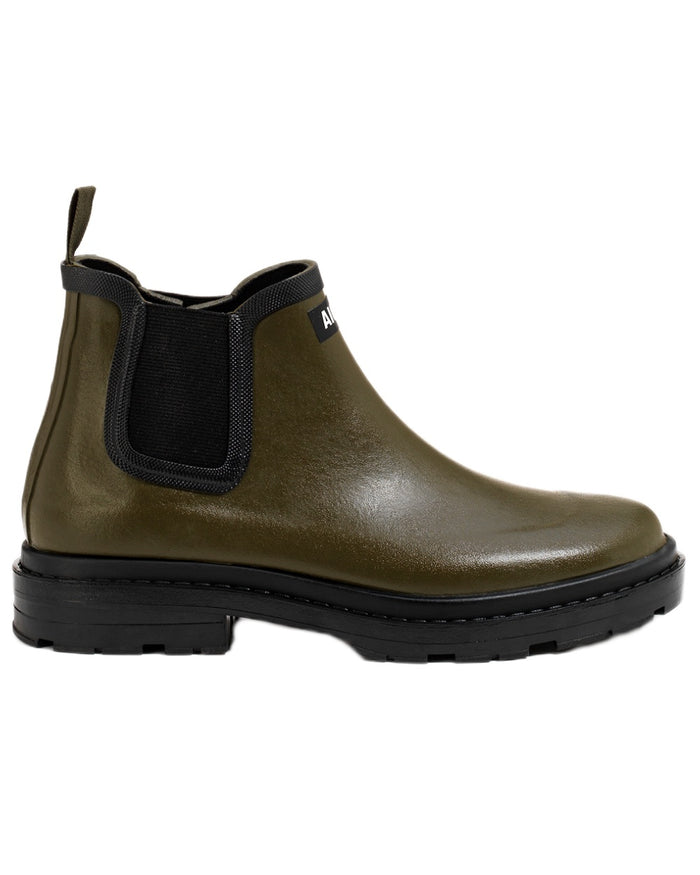 Khaki coloured Aigle Chelsea Rain Ankle Boots on white background #colour_khaki