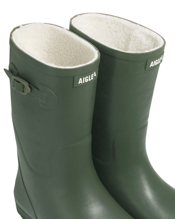 Khaki coloured Aigle Childrens Woody Pop Fur 2 Boots on white background #colour_khaki