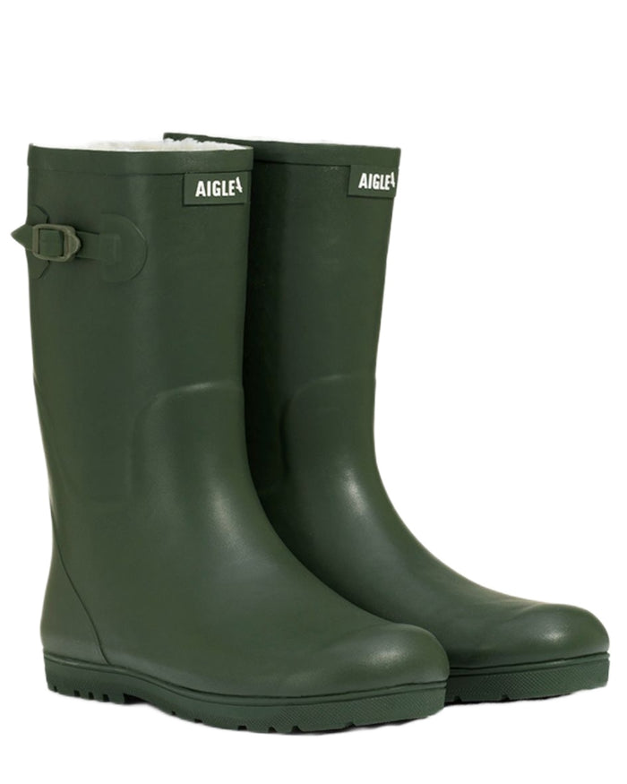 Khaki coloured Aigle Childrens Woody Pop Fur 2 Boots on white background #colour_khaki