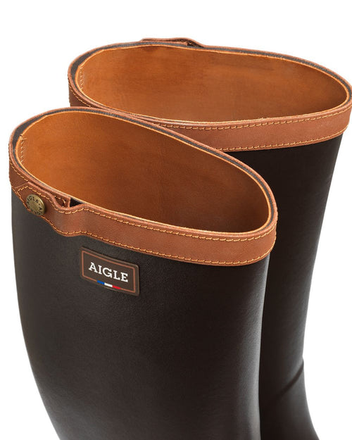 Brun coloured Aigle Mens Chambord Leather Lined Work Wellingtons on white background #colour_brun