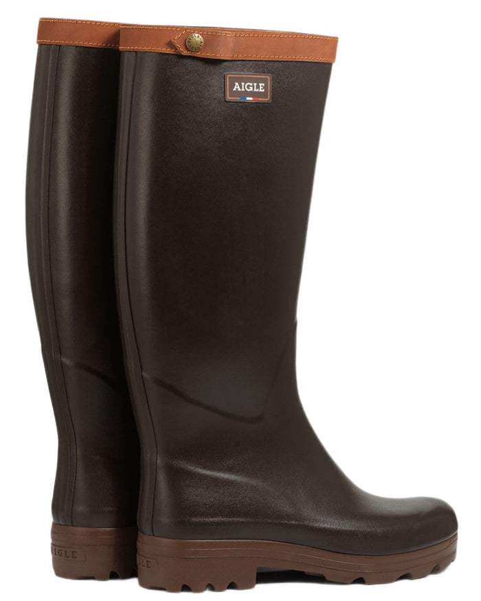 Brun coloured Aigle Mens Chambord Leather Lined Work Wellingtons on white background #colour_brun