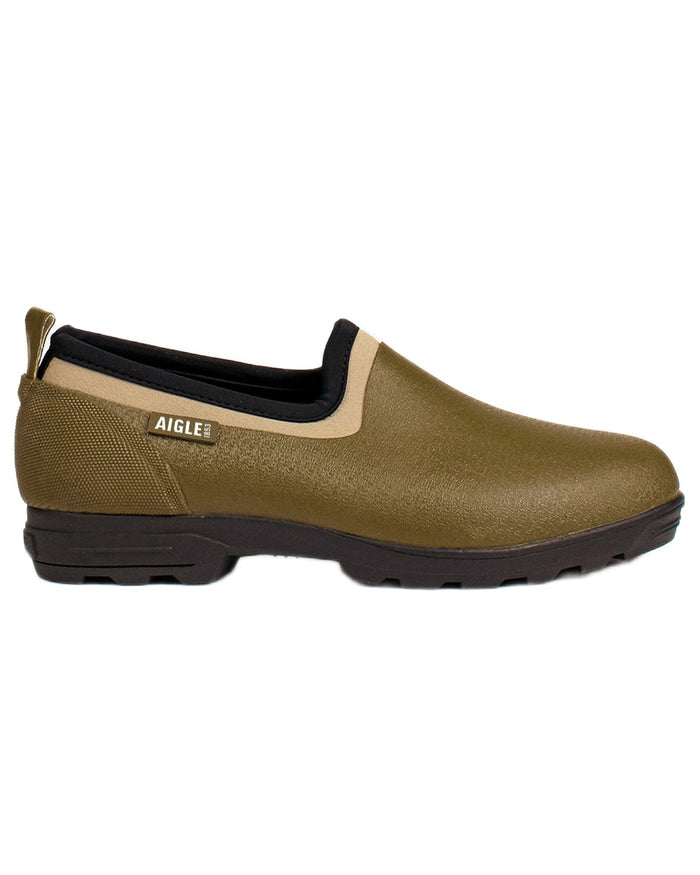 Khaki coloured Aigle Mens Lessfor Dual-Material Closed Clogs on white background #colour_khaki