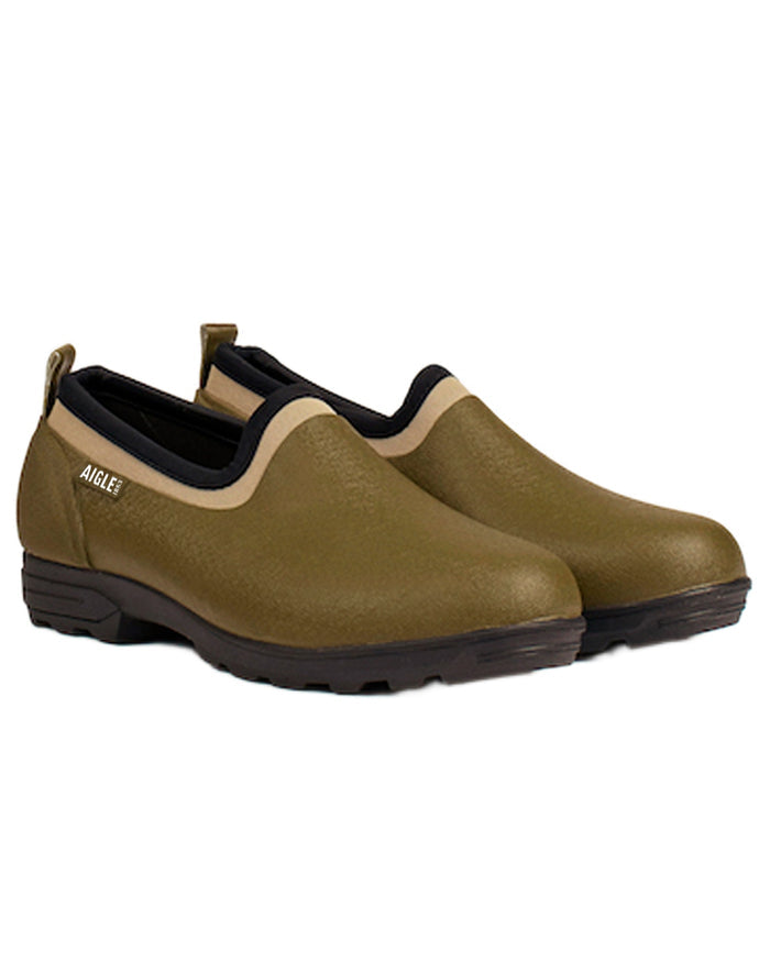 Khaki coloured Aigle Mens Lessfor Dual-Material Closed Clogs on white background #colour_khaki