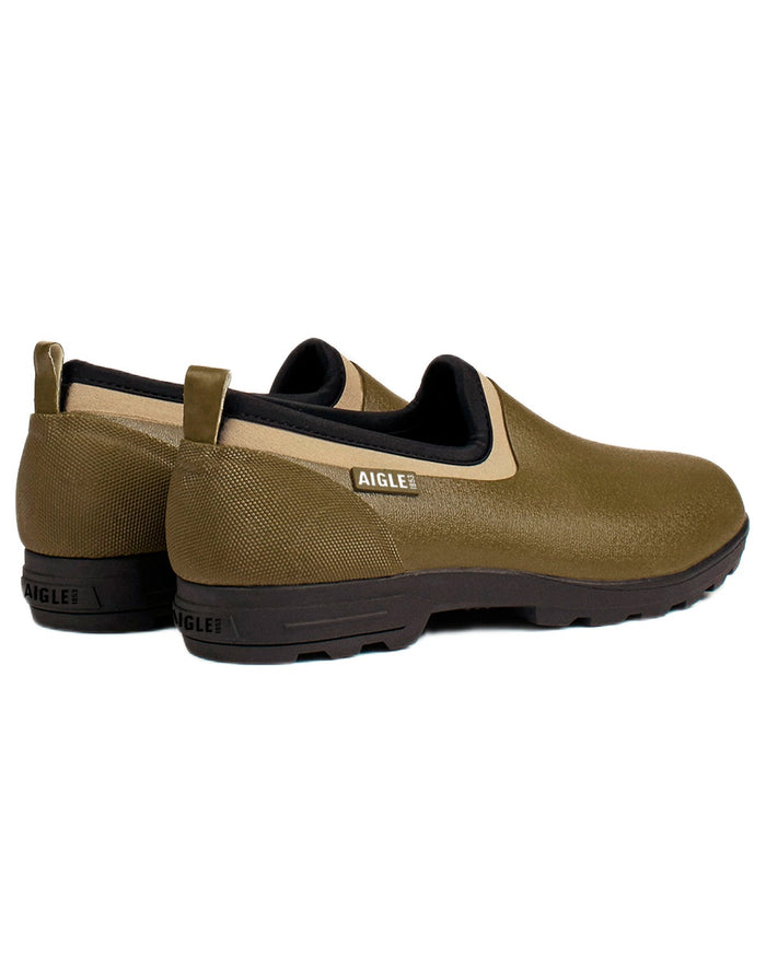 Khaki coloured Aigle Mens Lessfor Dual-Material Closed Clogs on white background #colour_khaki