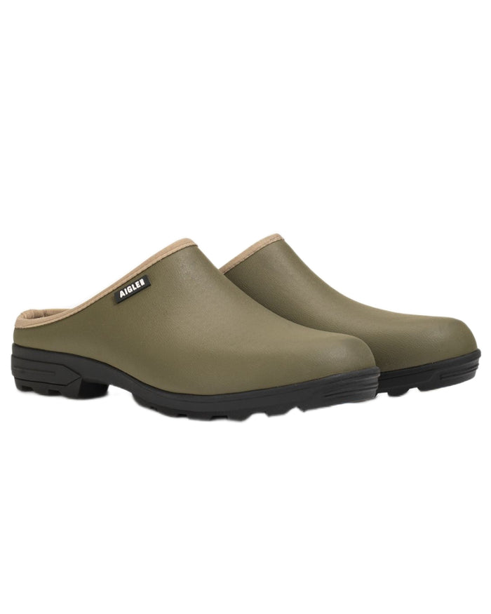 Khaki coloured Aigle Mens Lessfor Dual Material Open Clogs on white background #colour_khaki
