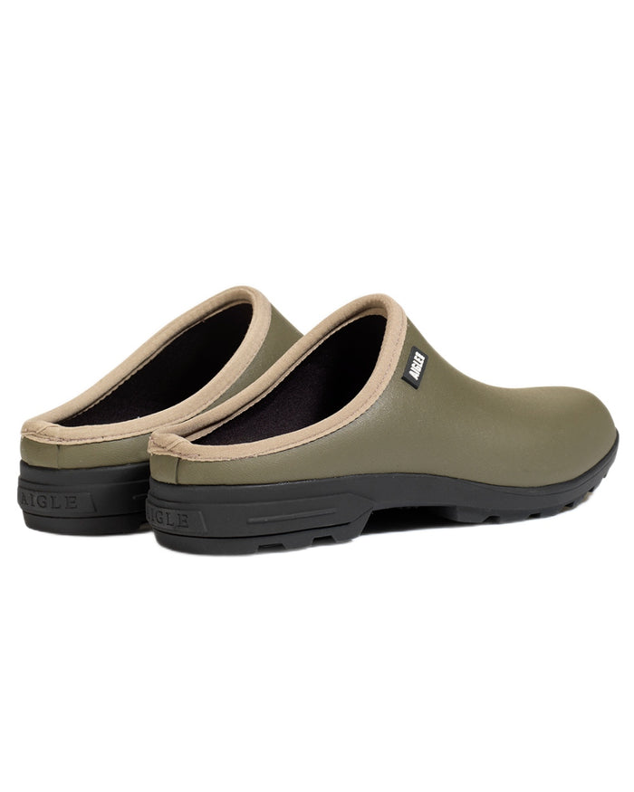 Khaki coloured Aigle Mens Lessfor Dual Material Open Clogs on white background #colour_khaki