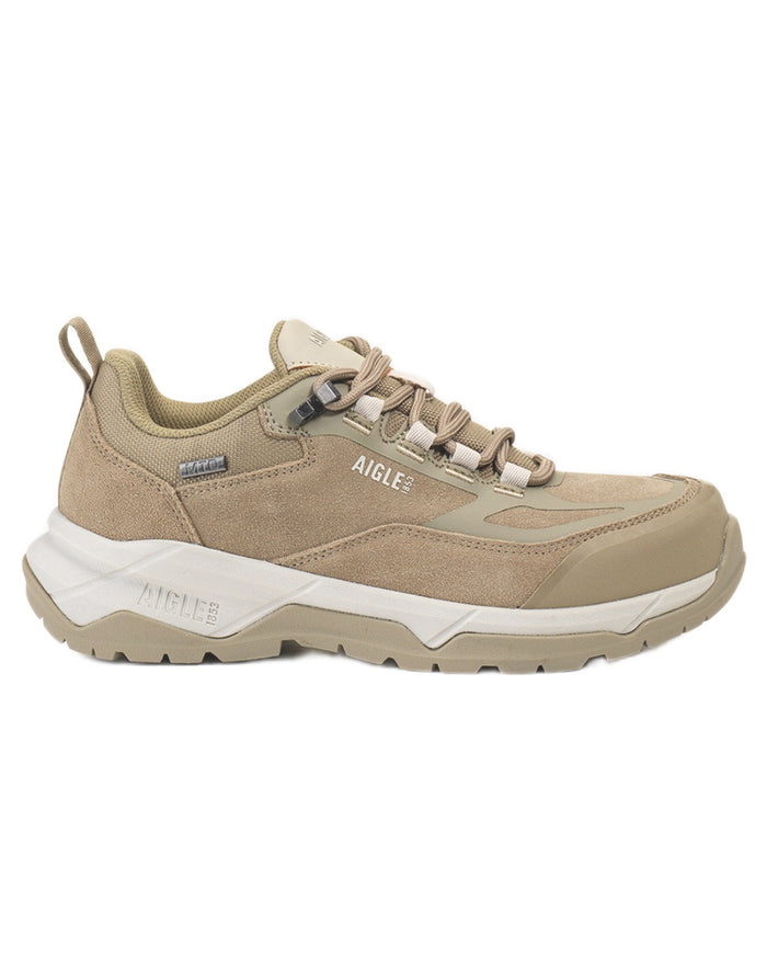 Taupe coloured Aigle Mens Palka Low MTD Ultra Light Hiking Shoes on white background #colour_taupe