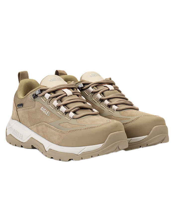 Taupe coloured Aigle Mens Palka Low MTD Ultra Light Hiking Shoes on white background #colour_taupe
