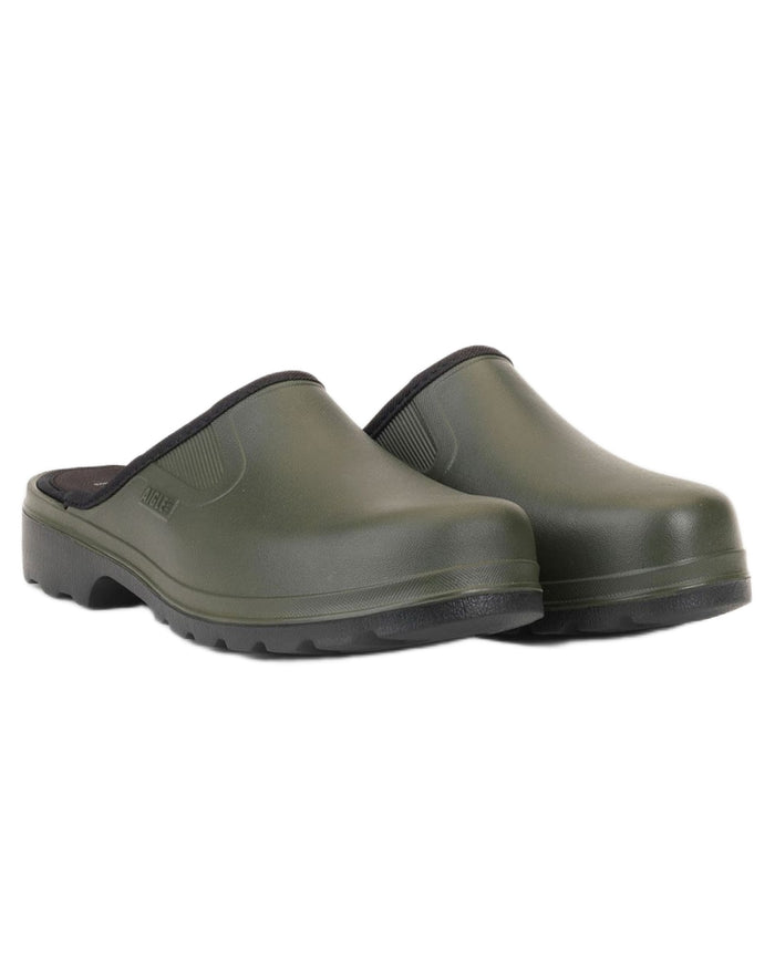 Khaki Noir coloured Aigle Mens Taden M2 Ultra Light Clogs on white background #colour_khaki-noir