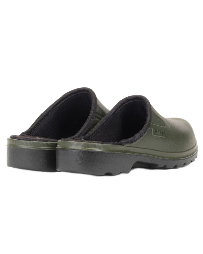 Khaki Noir coloured Aigle Mens Taden M2 Ultra Light Clogs on white background #colour_khaki-noir