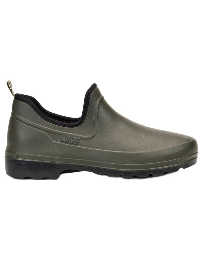 Khaki Noir coloured Aigle Mens Taden Plus Ultra Light Clogs on white background #colour_khaki-noir