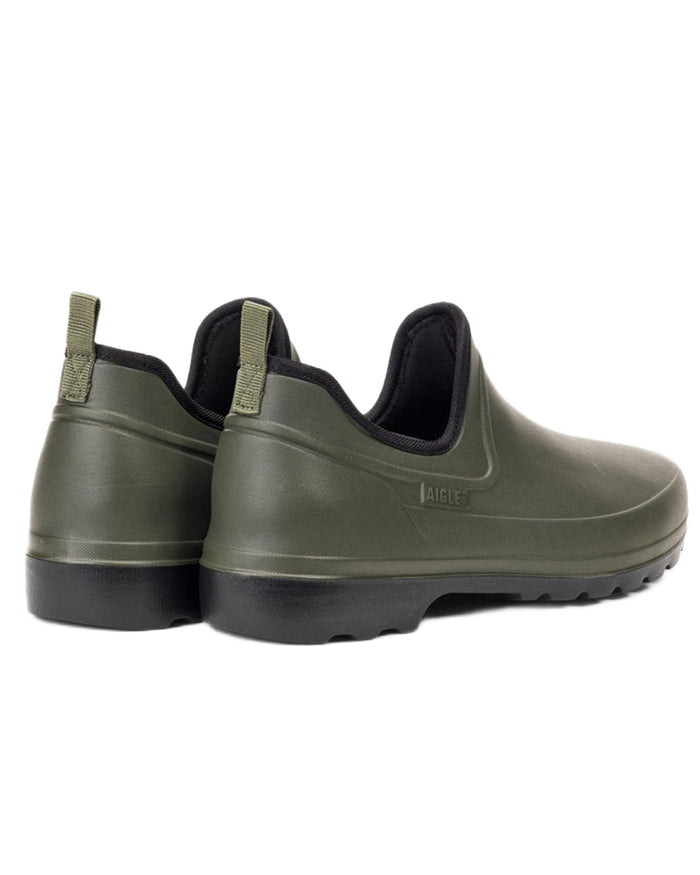 Khaki Noir coloured Aigle Mens Taden Plus Ultra Light Clogs on white background #colour_khaki-noir