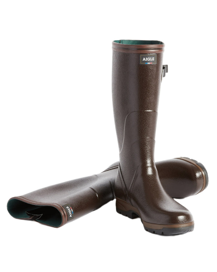 Brown coloured Aigle Mens Terra Pro Vario Adjustable Wellingtons on white background #colour_brown