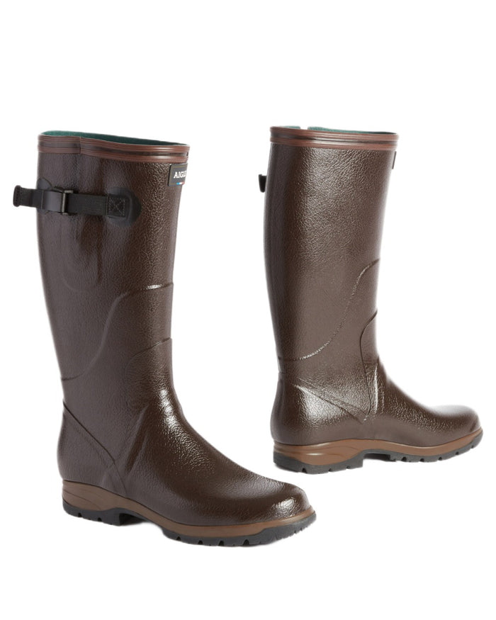 Brown coloured Aigle Mens Terra Pro Vario Adjustable Wellingtons on white background #colour_brown