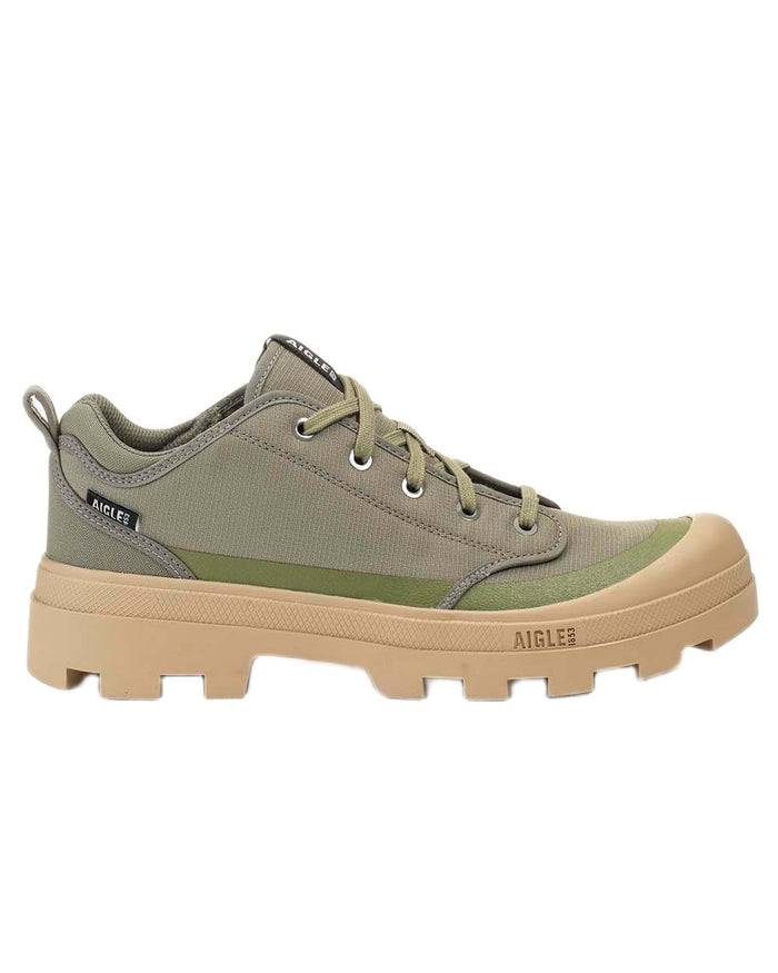 Khaki coloured Aigle Mens Iconic Walking Shoes on white background #colour_khaki