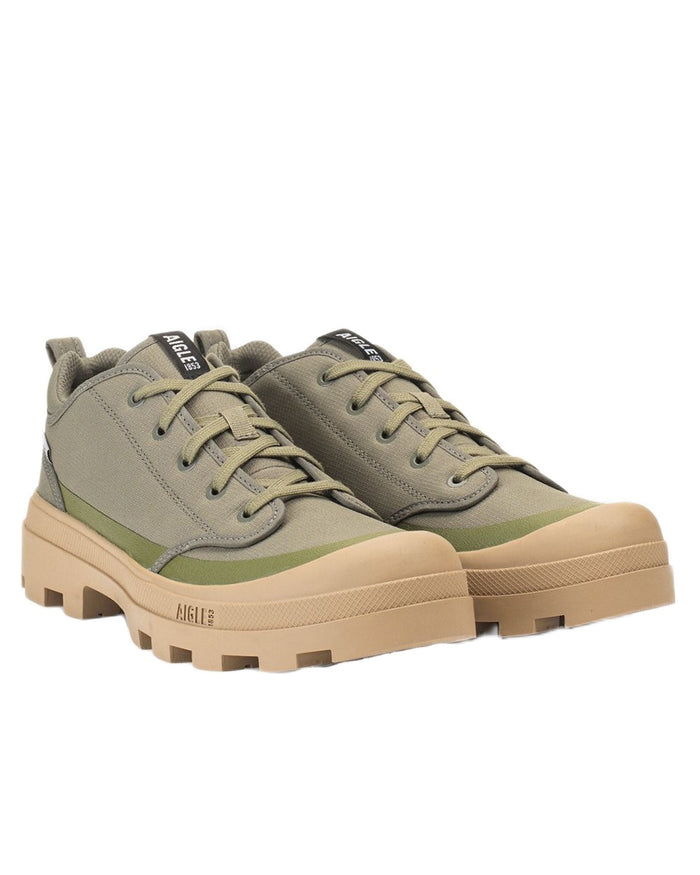 Khaki coloured Aigle Mens Iconic Walking Shoes on white background #colour_khaki