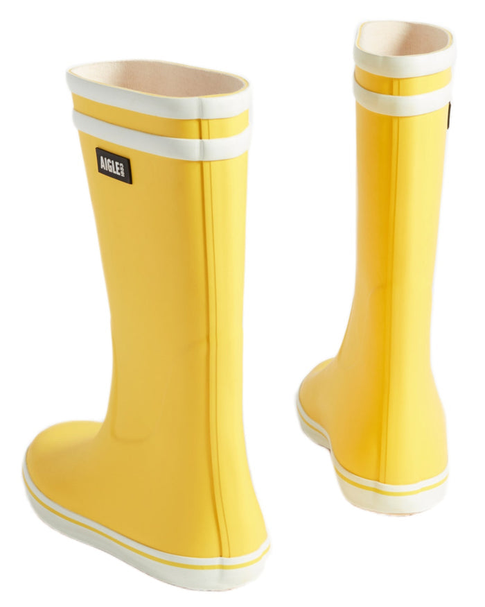 Jaune Blanc coloured Aigle Womens Malounie 2 Ankle Wellingtons on white background #colour_jaune-blanc