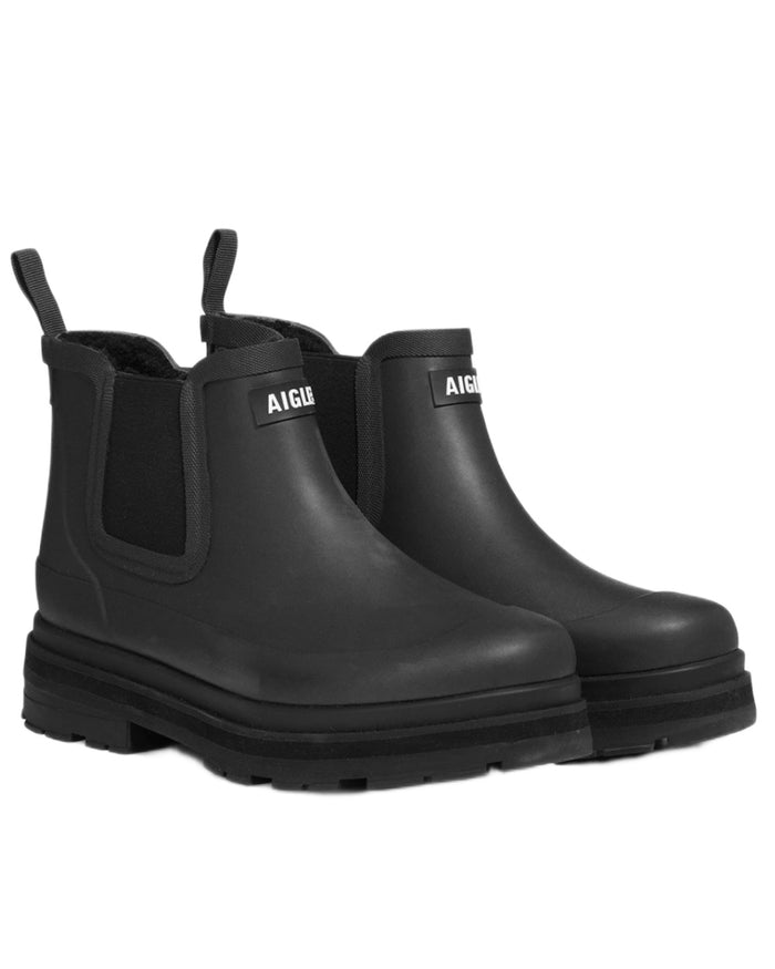 Noir coloured Aigle Womens Soft Fur Hybrid Ankle Rain Boots on white background #colour_noir