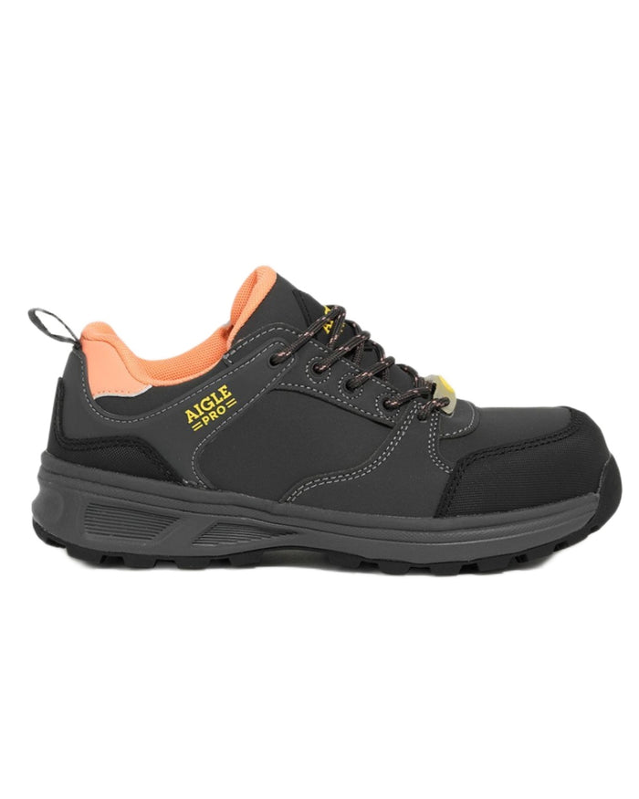 Grey Peach coloured Aigle Womens Solter S3 Ultra Lightweight Safety Shoes on white background #colour_grey-peach