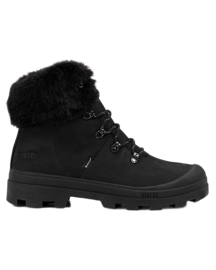Noir coloured Aigle Womens Tenere GTX Fur Lined Hiking Boots on white background #colour_noir