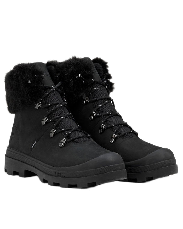 Noir coloured Aigle Womens Tenere GTX Fur Lined Hiking Boots on white background #colour_noir