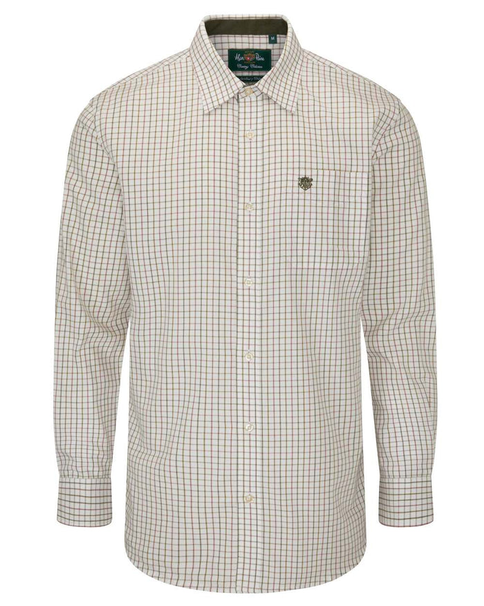 Olive coloured Alan Paine Aylesbury Check Shirt on white background #colour_olive