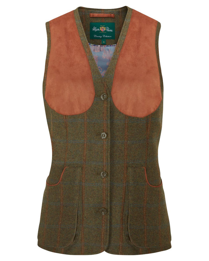 Willow coloured Alan Paine Combrook Ladies Tweed Shooting Waistcoat on white background #colour_willow
