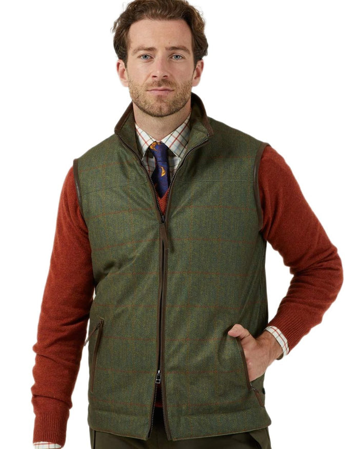 Olive coloured Alan Paine Didsmere Mens Technical Tweed Gilet on white background #colour_olive