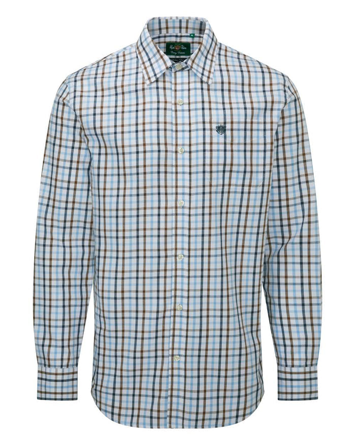 Blue Alan Paine Ilkley Kids Tattersall Shirt on white background #colour_blue