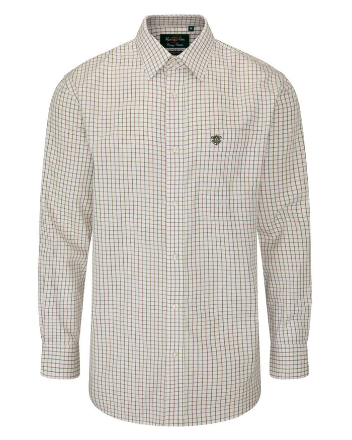 Olive Alan Paine Ilkley Kids Tattersall Shirt on white background #colour_olive