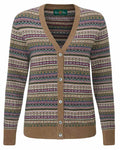 Pecan coloured Alan Paine Ladies Evelyn Vee Fairisle Cardigan on white background #colour_pecan