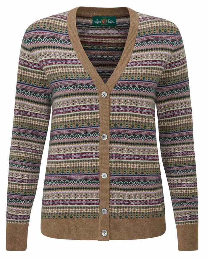 Pecan coloured Alan Paine Ladies Evelyn Vee Fairisle Cardigan on white background #colour_pecan