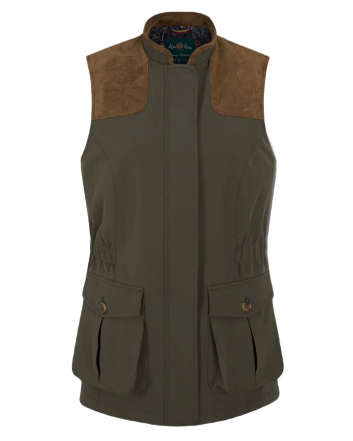 Olive Coloured Alan Paine Ladies Lockwood Shooting Waistcoat On A White Background