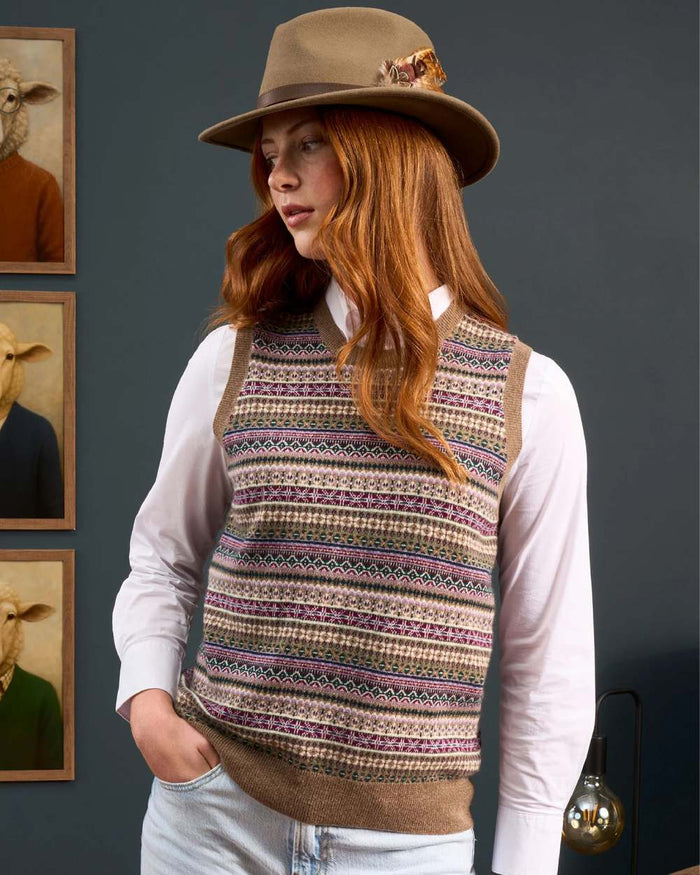 Pecan coloured Alan Paine Ladies Mae Fairisle Crew Tank Jumper on grey background #colour_pecan