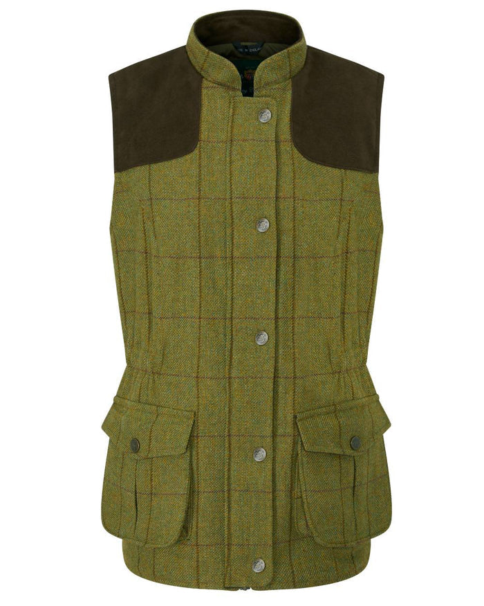 Lichen coloured Alan Paine Ladies Rutland Tweed Gilet on white background #colour_lichen