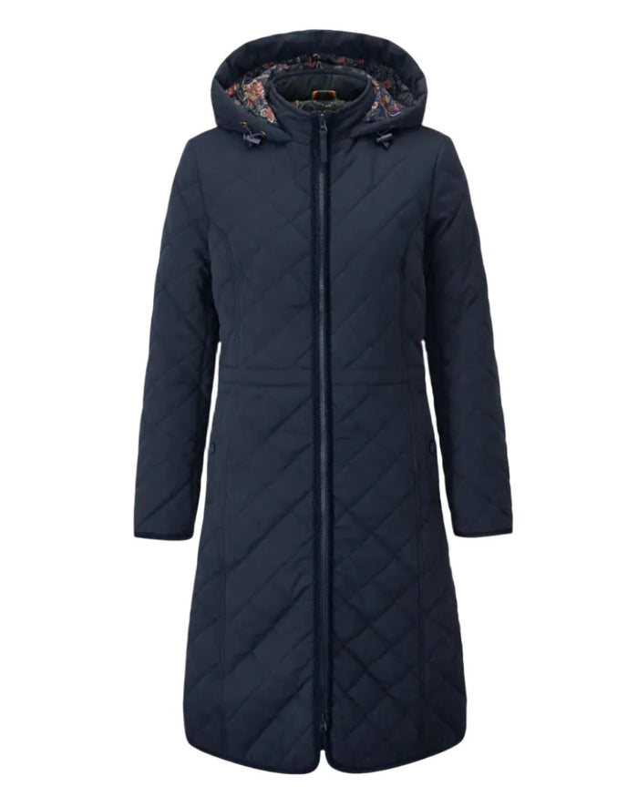 Navy Coloured Alan Paine Ladies Surrey Quilted Long Coat On A White Background #colour_navy