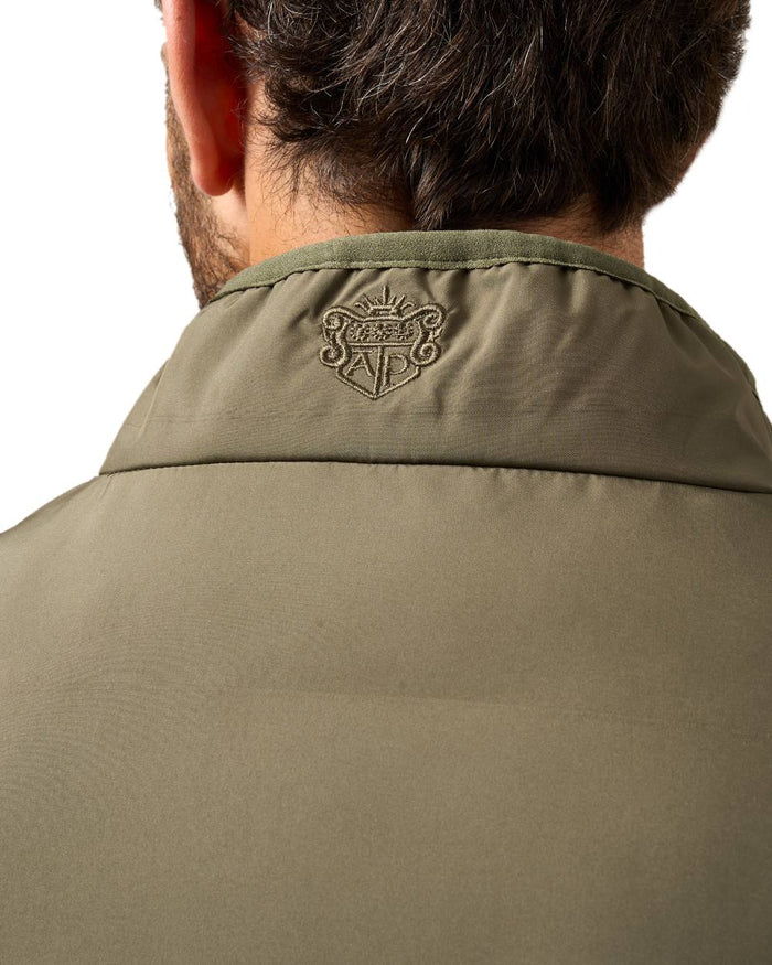 Olive Coloured Alan Paine Mens Calsall Hybrid Gilet On A White Background #colour_olive