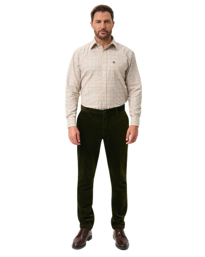 Olive coloured Alan Paine Mens Cord Trousers on white background #colour_olive