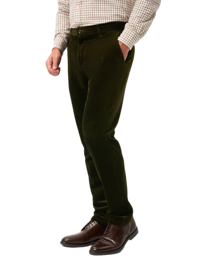 Olive coloured Alan Paine Mens Cord Trousers on white background #colour_olive