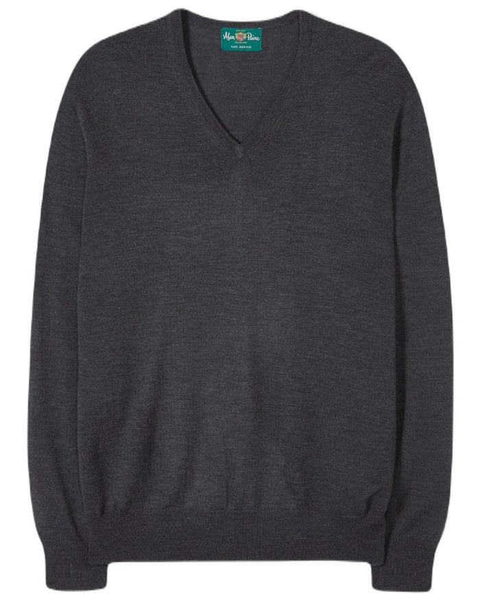 Charcoal coloured Alan Paine Mens Millbreck Merino Wool V-Neck Jumper on white background #colour_charcoal