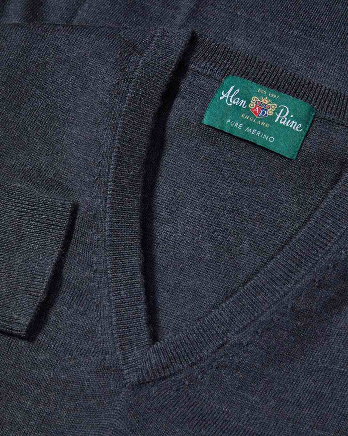 Charcoal coloured Alan Paine Mens Millbreck Merino Wool V-Neck Jumper on white background #colour_charcoal