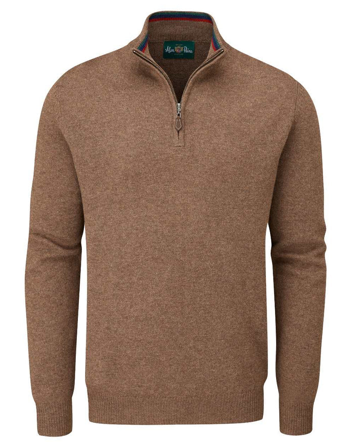 Tobacco coloured Alan Paine Streetly Half Zip Mock Neck Jumper on white background #colour_tobacco