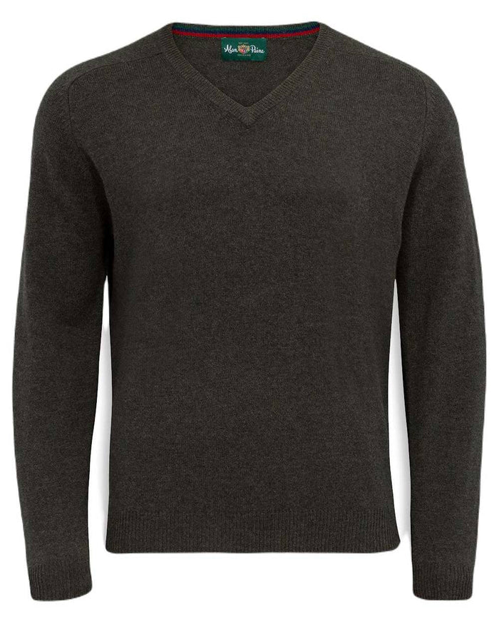 Seaweed coloured Alan Paine Streetly Lambswool V Neck Jumper on white background #colour_seaweed
