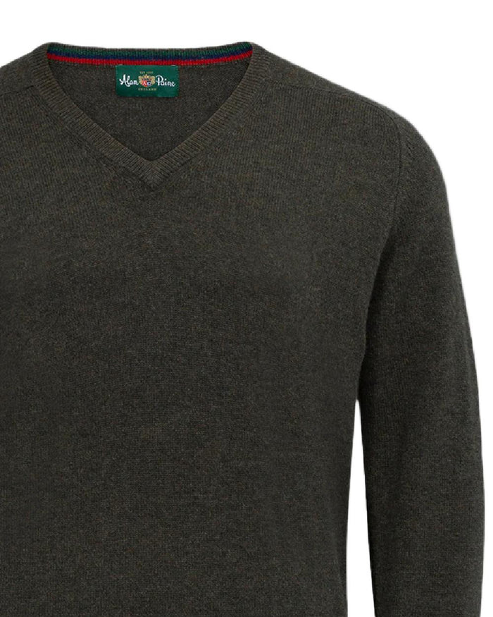 Seaweed coloured Alan Paine Streetly Lambswool V Neck Jumper on white background #colour_seaweed