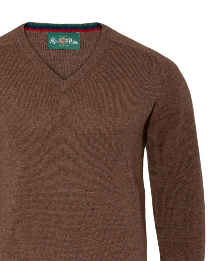Tabocco coloured Alan Paine Streetly Lambswool V Neck Jumper on white background #colour_tobacco