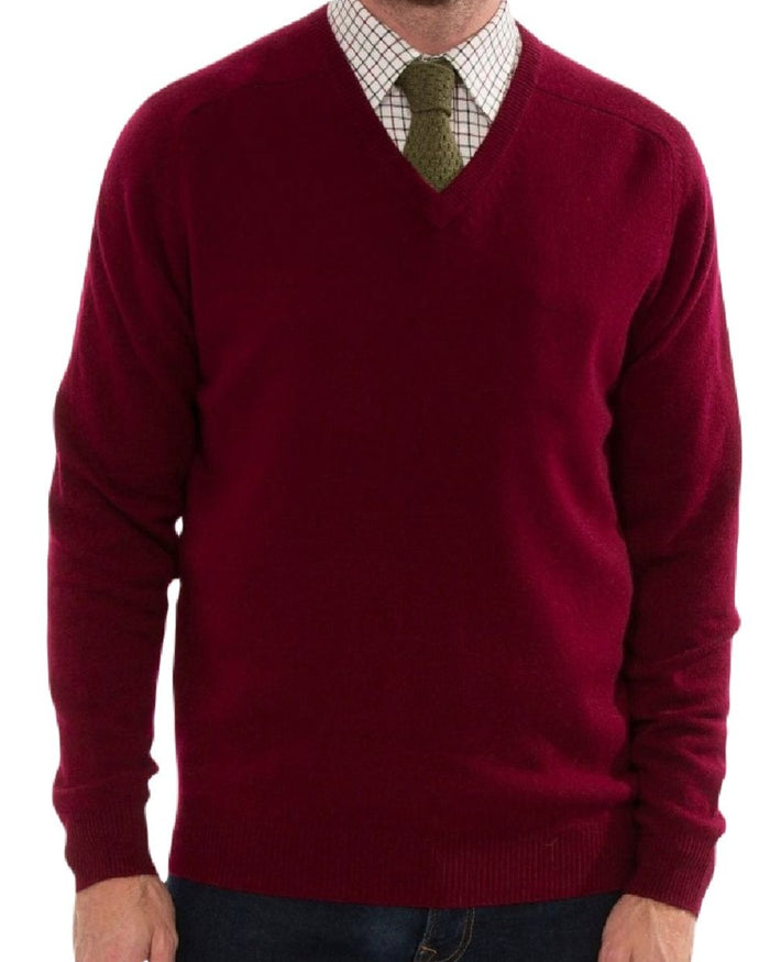 Bordeaux coloured Alan Paine Streetly Lambswool V Neck Jumper on white background #colour_bordeaux