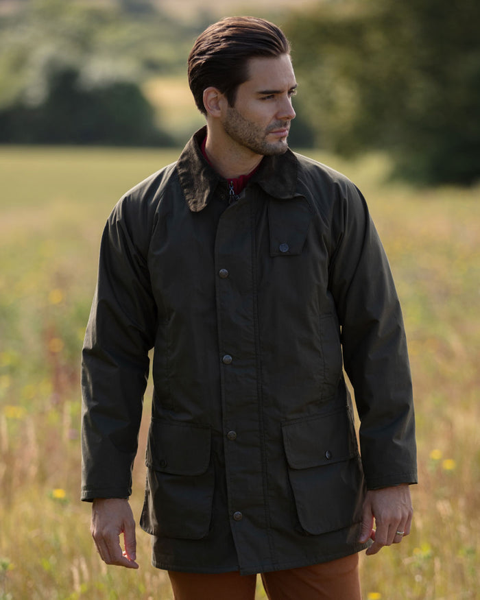 Olive coloured Alan Paine Surrey Mens Jacket on street country field #colour_olive