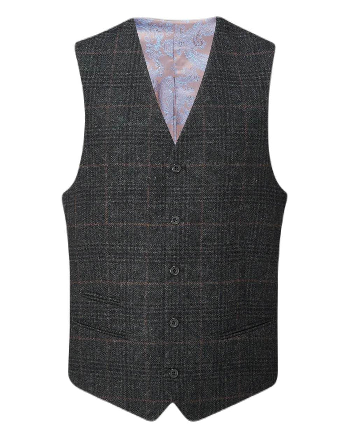 Green Check Coloured Alan Paine Surrey Mens Tweed Lined Waistcoat on white background #colour_green-check